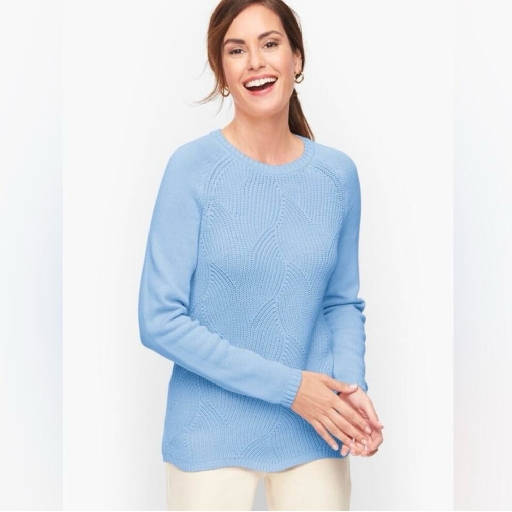 TALBOTS | Blue Pointelle Raglan Textured Woven Crewneck Sweater | Large